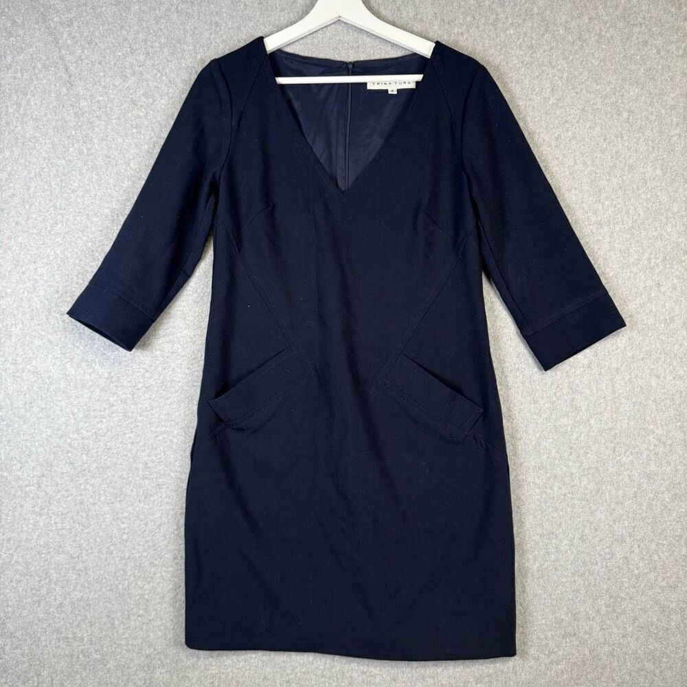 Trina Turk Women's Size 4 3/4 Sleeve Navy Blue A Line Knee Length Dress
